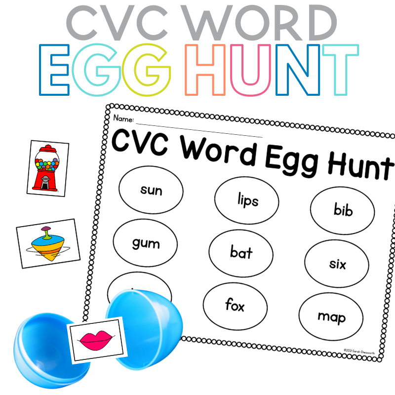 Open easter egg with picture of lips and a CVC Word Egg Hunt worksheet