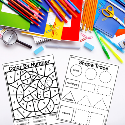 I have created a few free printables for you to use with your child at home that focus on kindergarten readiness skills. These activities are focused on counting, the alphabet, shapes, cutting, glueing, coloring and tracing.