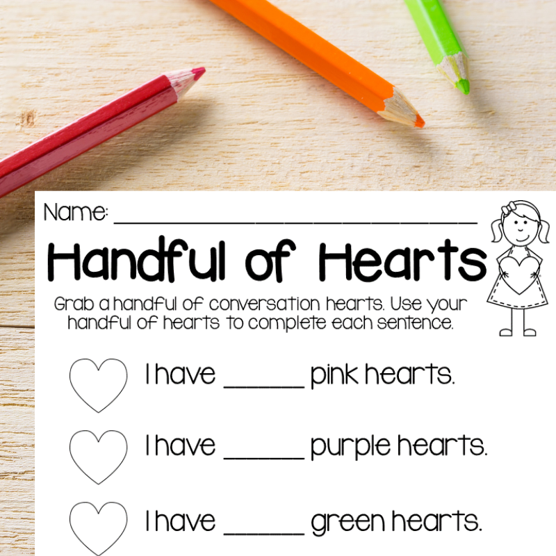 colored pencils with counting hearts worksheet