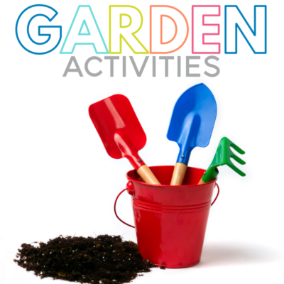 Garden Pail and Tools with Dirt and the words: garden activities