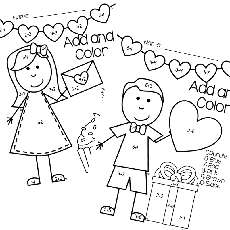 Two Valentine Add and Color Worksheets with Addition Problems