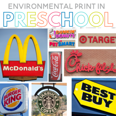 Environmental print is a great thing to include in your preschool classroom. This post have five different ideas for incorporating environmental print in your preschool classroom including a free printable class book! These ideas will help develop early literacy concepts for beginning readers and writers!