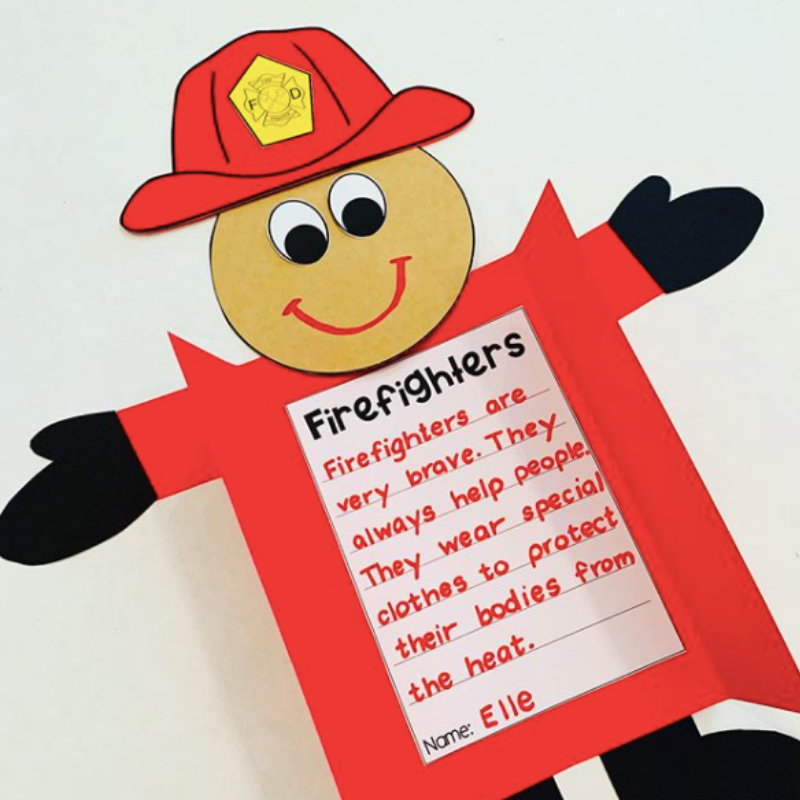 Are you looking for preschool and Kindergarten appropriate activities for Fire Prevention Week? This post has everything you need! October is Fire Safety Month and Fire Prevention Week! Your students will enjoy writing about community helpers like firefighters, making a printable firefighter craft, firefighter labeling, a printable firefighter hat, fire safety writing, and more!