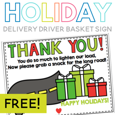 This delivery driver basket sign is ready for your to print and add to a basket of treats for your delivery drivers. Let’s just be honest, delivery drivers make our lives so much easier; especially around the holidays. Show your delivery drivers some appreciation with a holiday snack basket for your porch. Just print this delivery driver basket sign and add some snacks or drinks!