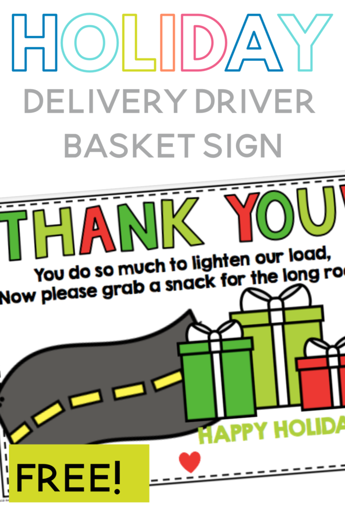 This delivery driver basket sign is ready for your to print and add to a basket of treats for your delivery drivers. Let’s just be honest, delivery drivers make our lives so much easier; especially around the holidays. Show your delivery drivers some appreciation with a holiday snack basket for your porch. Just print this delivery driver basket sign and add some snacks or drinks!