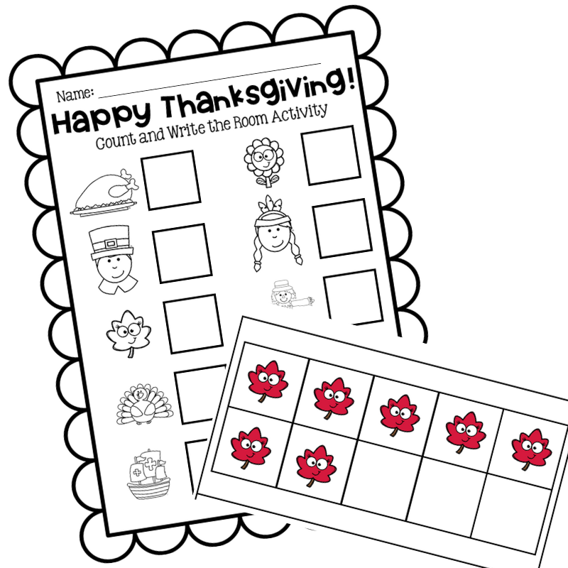 This is one of my favorite preschool Thanksgiving activities! It’s a thanksgiving count and write activity for little ones learning to count objects to 10! Students will find each ten frame, count the Thanksgiving objects and write the number on the recording page! Download this math activity for free and add it to a math station or centers.