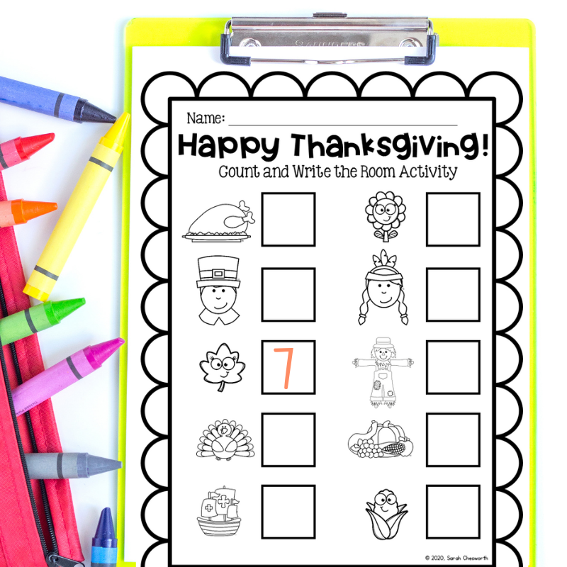 This is one of my favorite preschool Thanksgiving activities! It’s a thanksgiving count and write activity for little ones learning to count objects to 10! Students will find each ten frame, count the Thanksgiving objects and write the number on the recording page! Download this math activity for free and add it to a math station or centers.