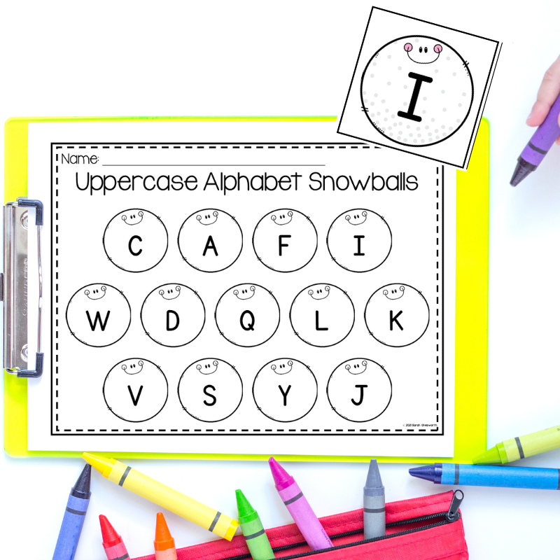 This is a great station for students who are learning the letters of the alphabet this winter! It's perfect for practicing visual discrimination skills too! Students will find each letter and color the snowball that matches. Uppercase and lowercase letters are available! Be sure to check out all of my snowman preschool activities!