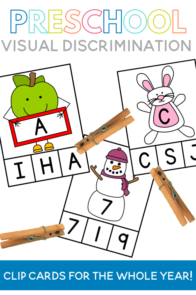 Visual discrimination is an important skill for little ones and something that you should be teaching and working on with preschool students. This post will discuss the importance of visual discrimination and what activities you can do to practice this skill with preschool students including clip cards from uppercase letters, lowercase letters and numbers.
