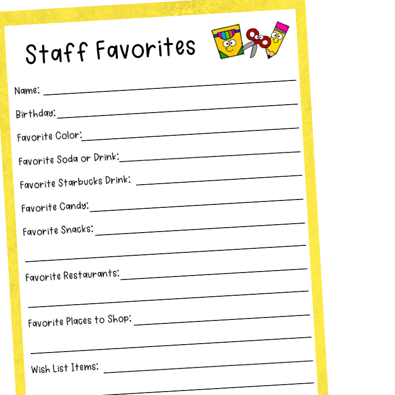 Make your child's teacher or any school staff member feel special this school year using this teacher favorite things form! Teachers will fill out their favorite things and send the form back home so you can spoil them with the things they love all year long. Makes purchasing holidays gifts so much easier! Plus it's perfect for room moms, PTA parents, Teacher Appreciation Week and more! Pring the Teacher Favorites Printable for free now!