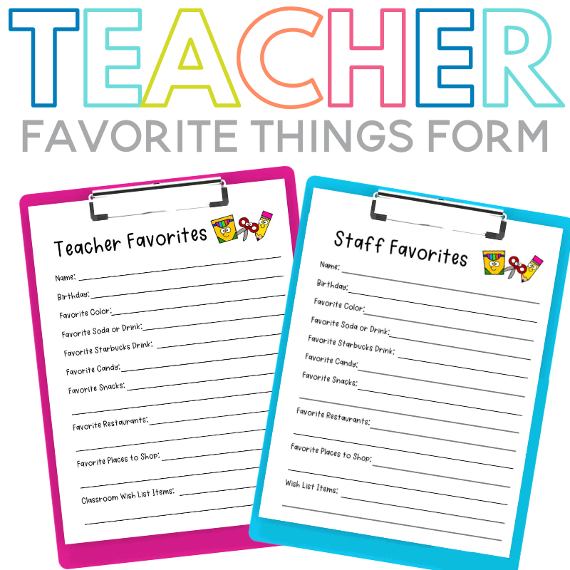 Make your child's teacher or any school staff member feel special this school year using this teacher favorite things form! Teachers will fill out their favorite things and send the form back home so you can spoil them with the things they love all year long. Makes purchasing holidays gifts so much easier! Plus it's perfect for room moms, PTA parents, Teacher Appreciation Week and more! Print the Teacher Favorites Printable for free now!