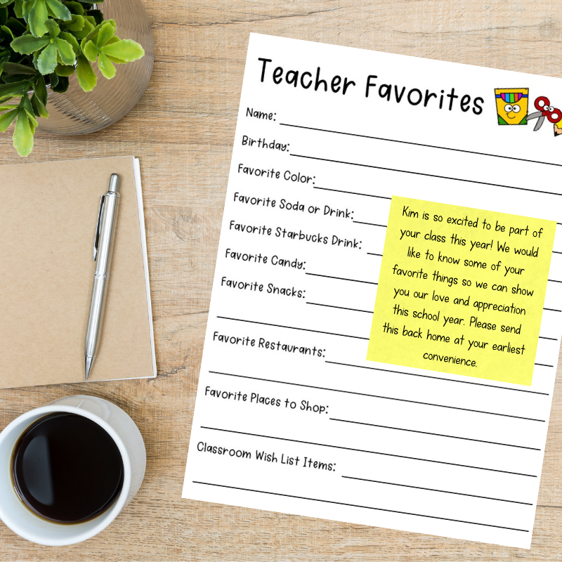 Make your child's teacher or any school staff member feel special this school year using this teacher favorite things form! Teachers will fill out their favorite things and send the form back home so you can spoil them with the things they love all year long. Makes purchasing teacher holidays gifts so much easier! Plus it's perfect for room moms, PTA parents, Teacher Appreciation Week and more! Prinythe Teacher Favorites Printable for free now!