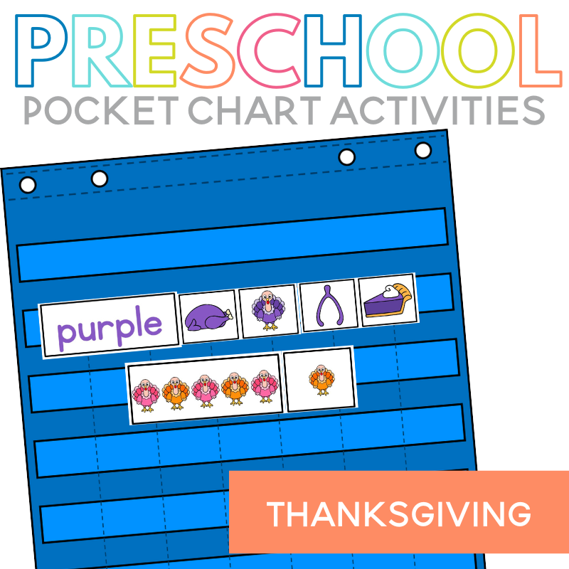 Are you looking for thanksgiving preschool activities to keep little ones busy? Preschool and Kindergarten students will love these simple Thanksgiving pocket chart activities! Activities include Thanksgiving uppercase and lowercase letter matching, Thanksgiving AB and ABC patterns, Thanksgiving sentence scramble, color words, and picture-matching pocket chart activity, plus counting to 10 practice! These preschool thanksgiving activities are simple to prep and will keep students learning!
