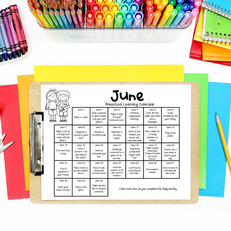 june calendar with learning activities