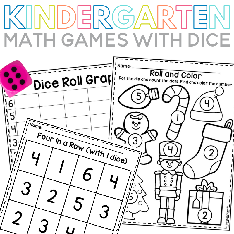 Looking for kindergarten math activities? These math games with dice are perfect for whole-group math instruction, small group, or even centers! Activities include roll and color worksheets, dice graphing, and four in a row! All of these math activities require no preparation. Simply print the activity and add a die!