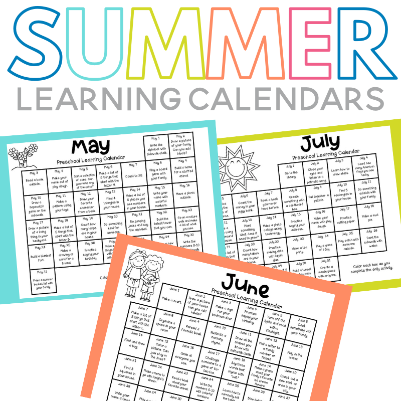 Looking for something fun for your preschooler to do this summer? Check out our Summer Learning Calendars full of activities to keep your kids engaged and learning! From exploring nature to arts and crafts and learning activities, there is something for everyone! These calendars are available for May, June, and July! These are also great for teachers to print out and sed home with students for the summer. Check out this blog post and download them for free now!