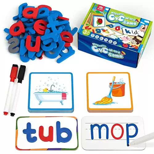 Coogam Short Vowels Spelling Flashcards with Magnetic ABC Letters, Learn to Write CVC Sight Words Vocabulary Flashcards Montessori Educational Toy Gift for Kids 3 4 5 Yeard Old